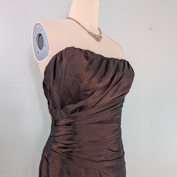 Prom Dress Maxi Gown M Brown Glam Strapless Mermaid Pleat Mother Tie Classic - Picture 2 of 10